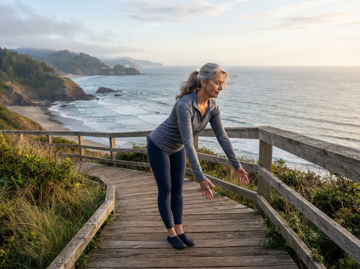 Mature adult stretching peacefully on coastal boardwalk