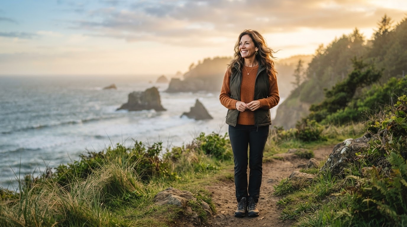 Healthy, vibrant woman enjoying coastal outdoor wellness