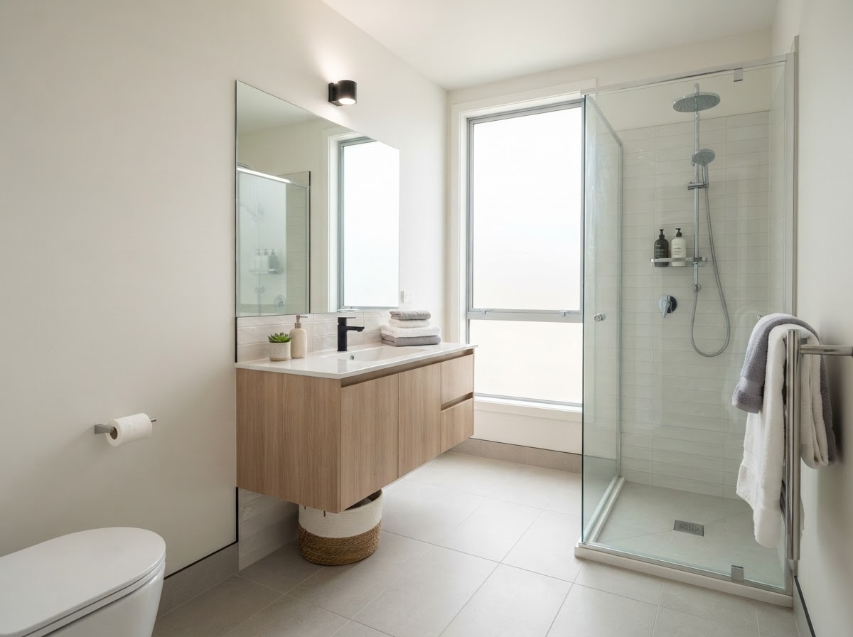 Sample shared bathroom in a GUUD Homes residence (placeholder photo)