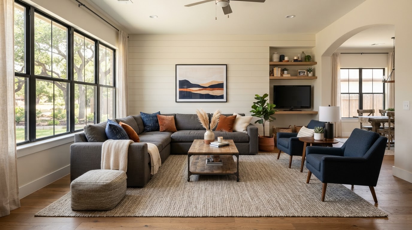 Warm, furnished shared living room in a GUUD Homes residence in Dallas–Fort Worth