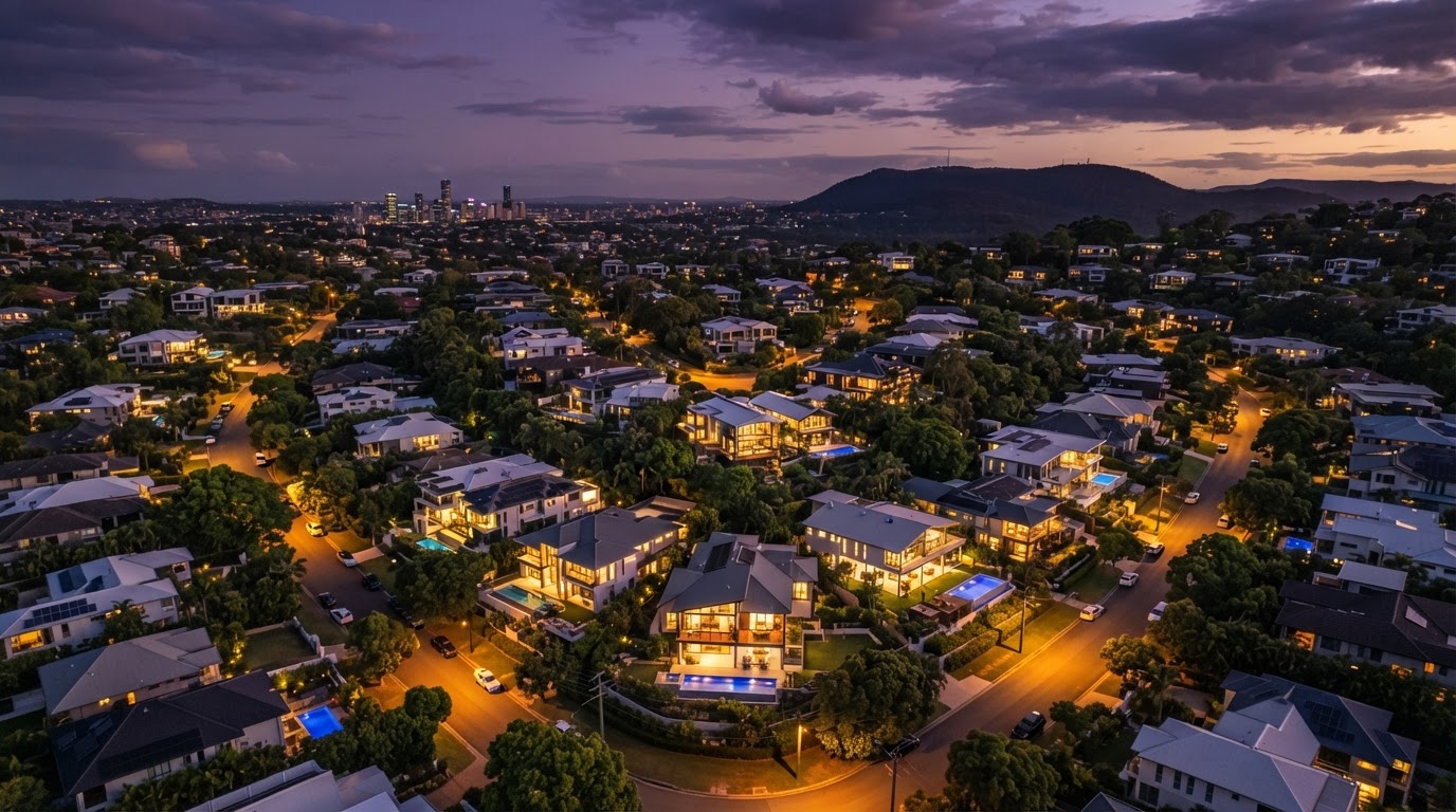 Aerial twilight view of Brisbane's northern suburbs