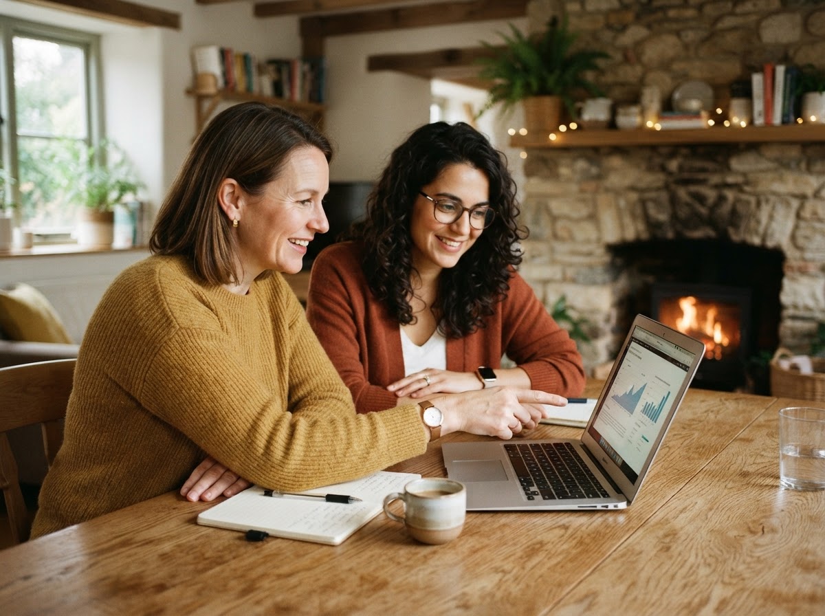 Two people looking at a laptop together, discussing options in a calm, warm setting.