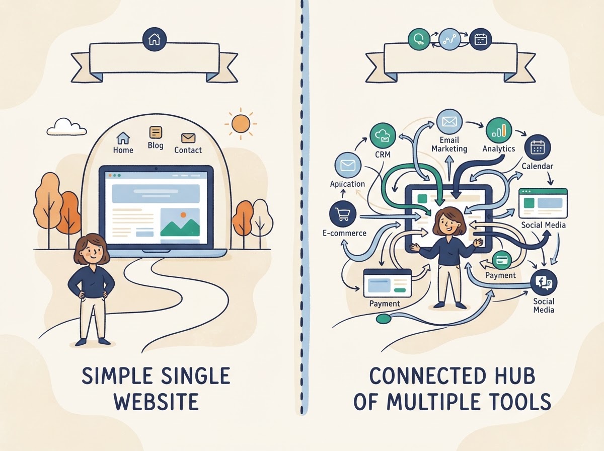 An illustration showing a choice between a single simple website and a connected hub of multiple business tools.