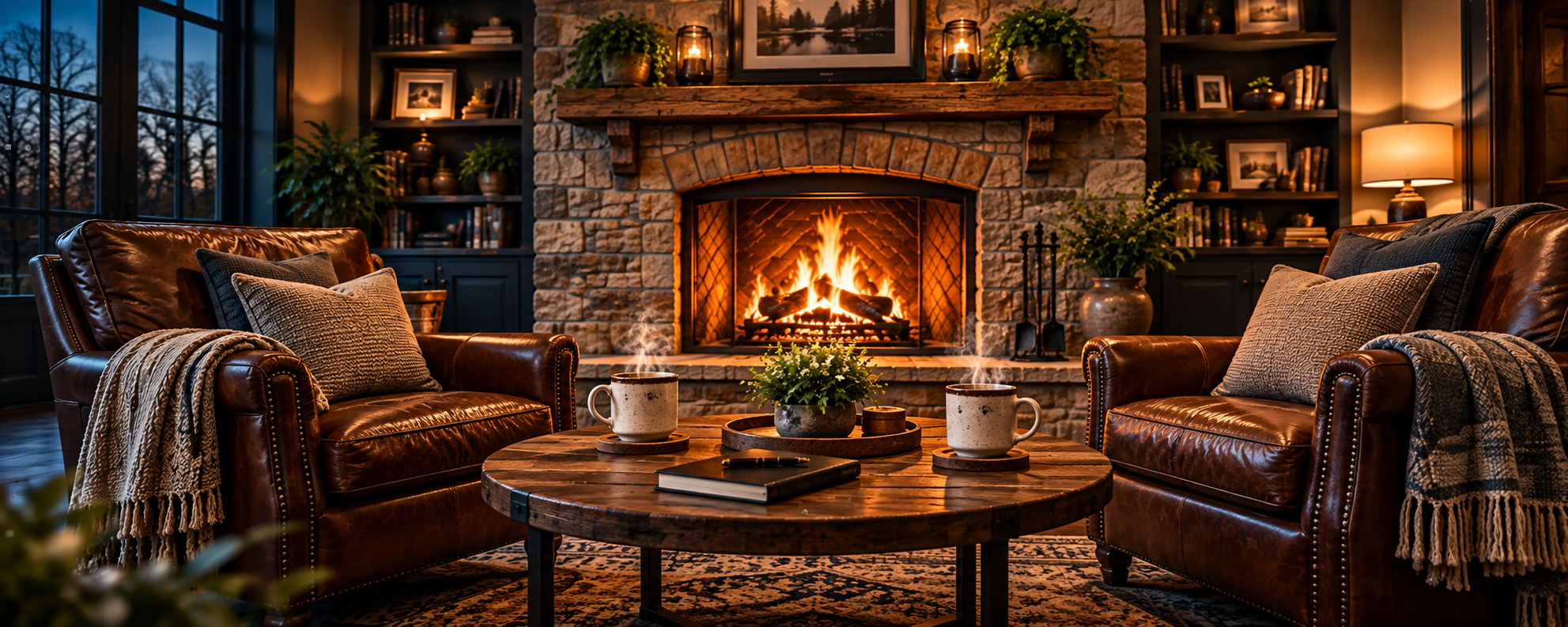 The same warm meeting room with an older stone fireplace, two comfortable leather armchairs, and two steaming cups of coffee on the low table.
