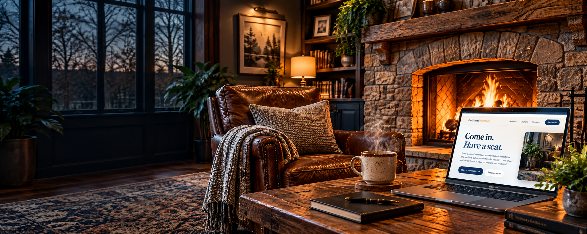 A quiet, warm room with an older stone fireplace blazing, one comfortable leather chair, steaming coffee, and a laptop on a rustic wood desk.