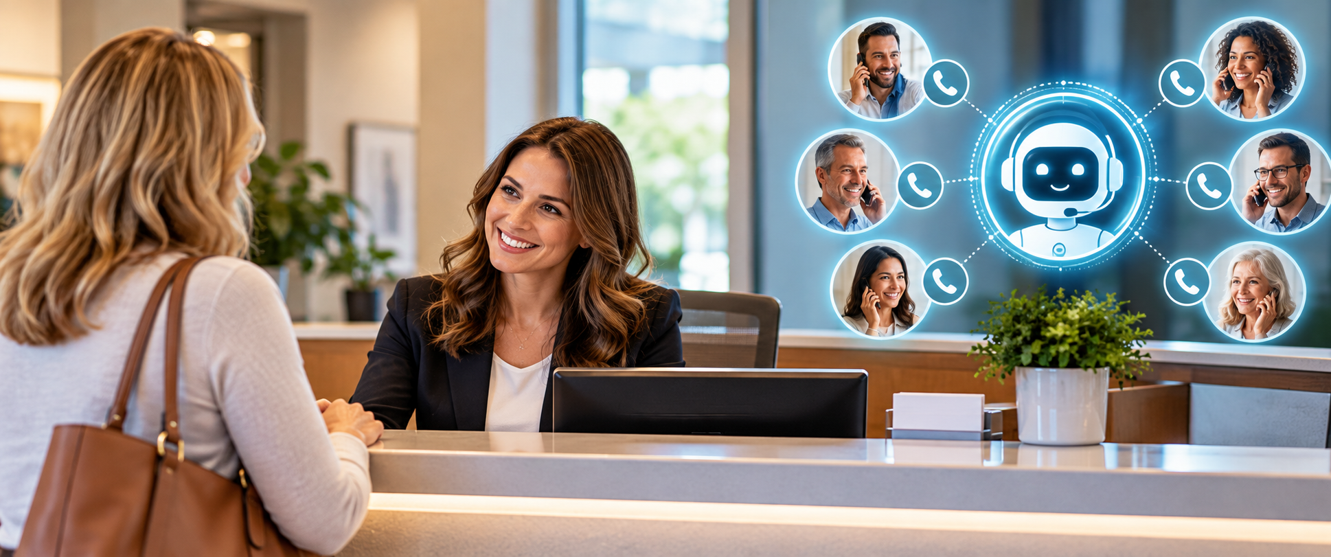 A human receptionist gives warm attention to an in-person visitor at the front desk while AI digital phone support assists callers in the background.