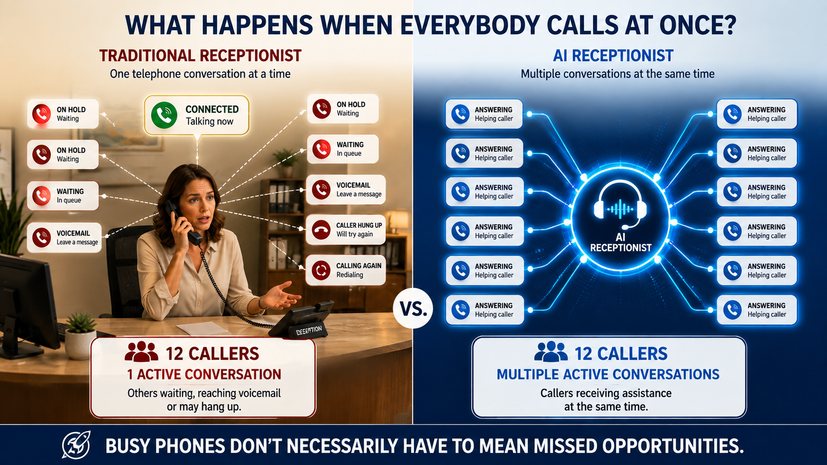 Comparison of Traditional Receptionist with 12 callers and 1 active conversation versus AI Receptionist with 12 callers and multiple active conversations at the same time.