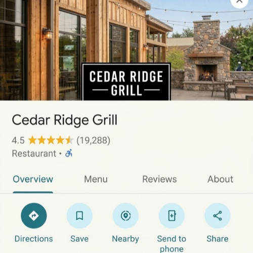 Google listing of Cedar Ridge Grill with high reviews
