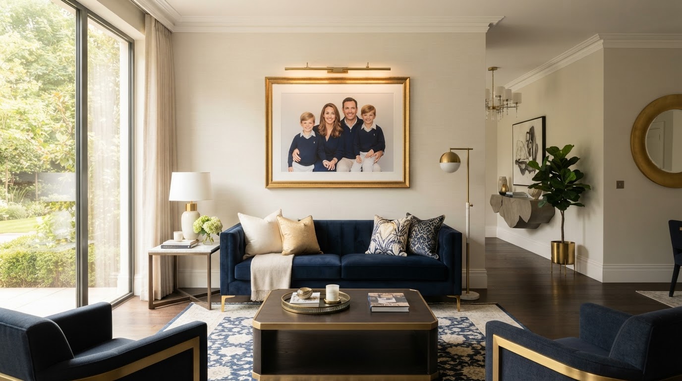 A luxury living room with a large framed family portrait on an ivory wall