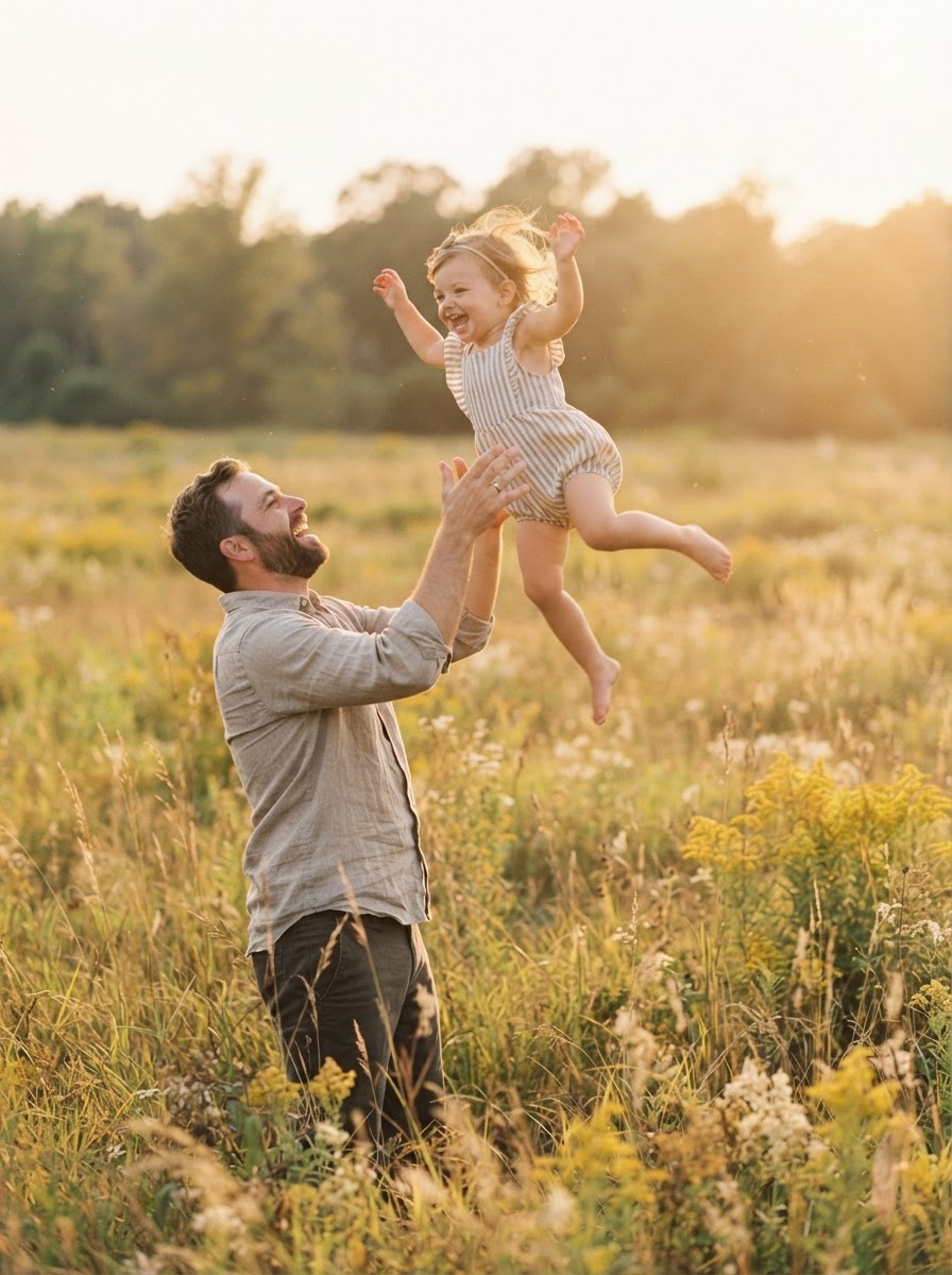 A father tossing a laughing toddler in the air at golden hour