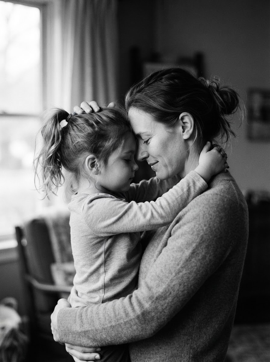 A tender black-and-white portrait of a mother and child embracing