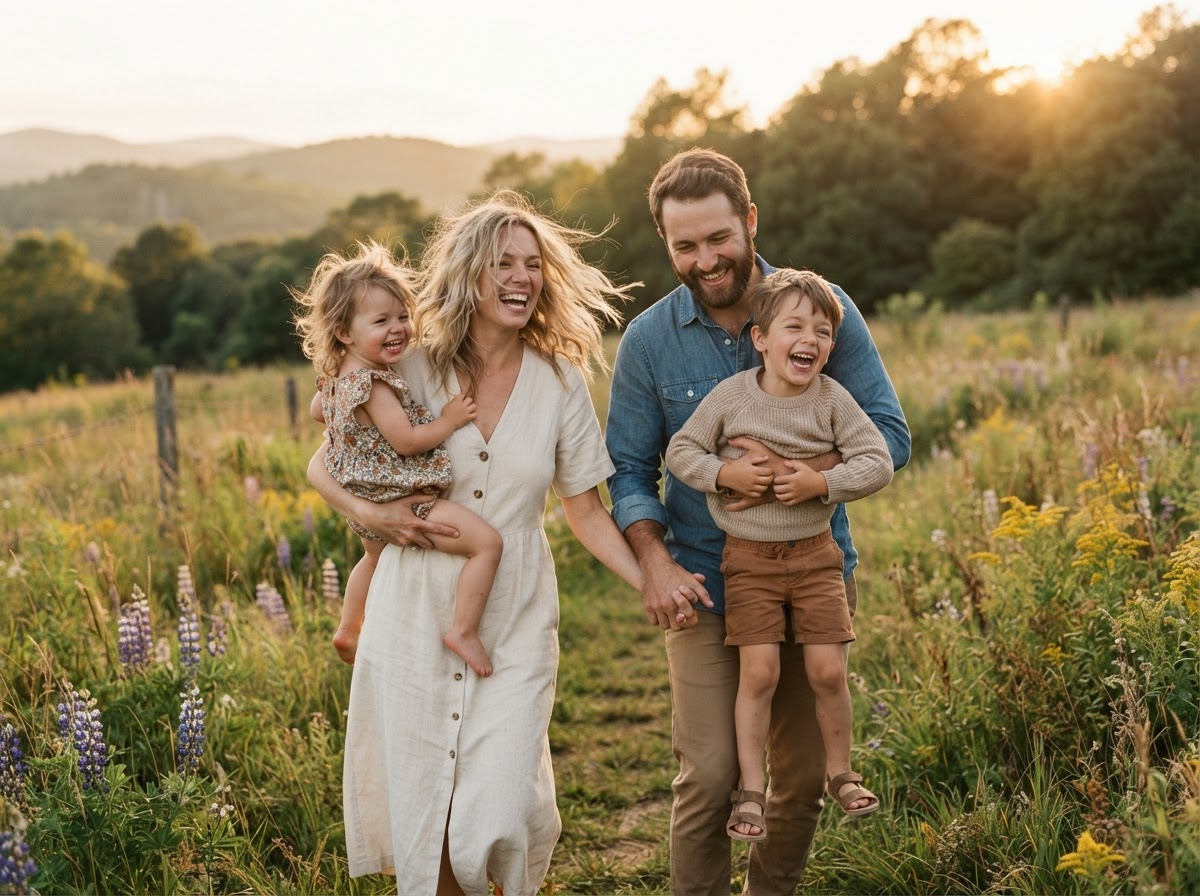 A candid family laughing together outdoors during golden hour