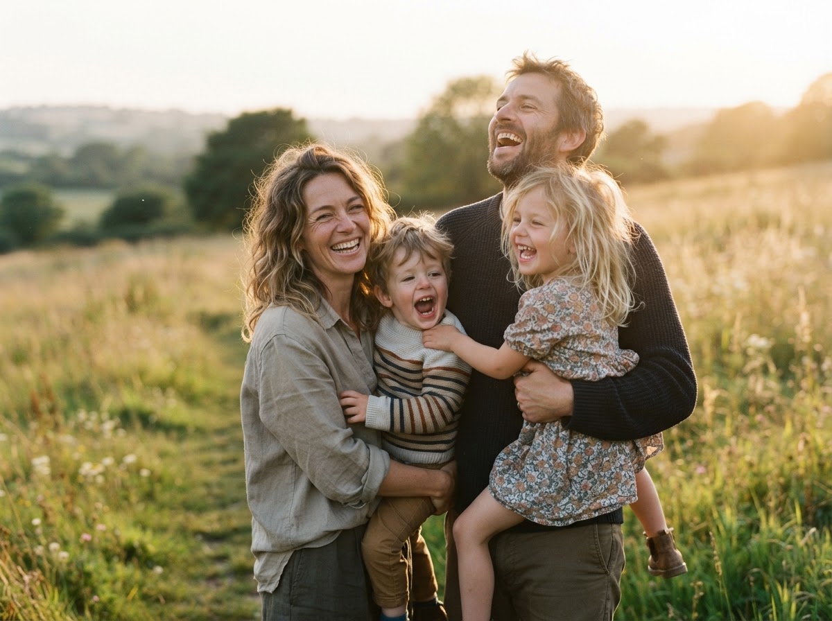 A candid golden-hour moment of a family laughing together in a real, unposed embrace