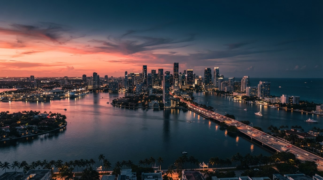 Aerial view of Miami at dusk with city lights