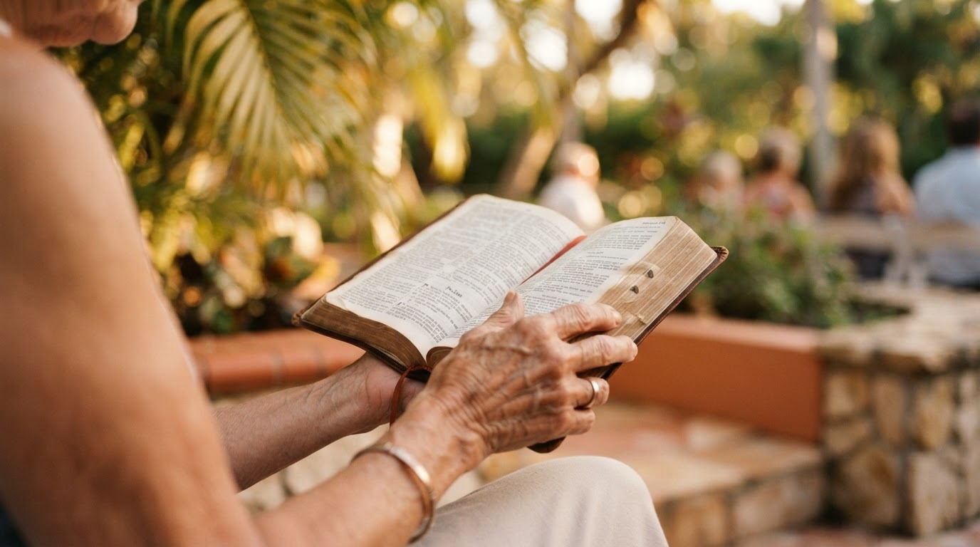 Hands holding an open Bible in warm Miami sunlight