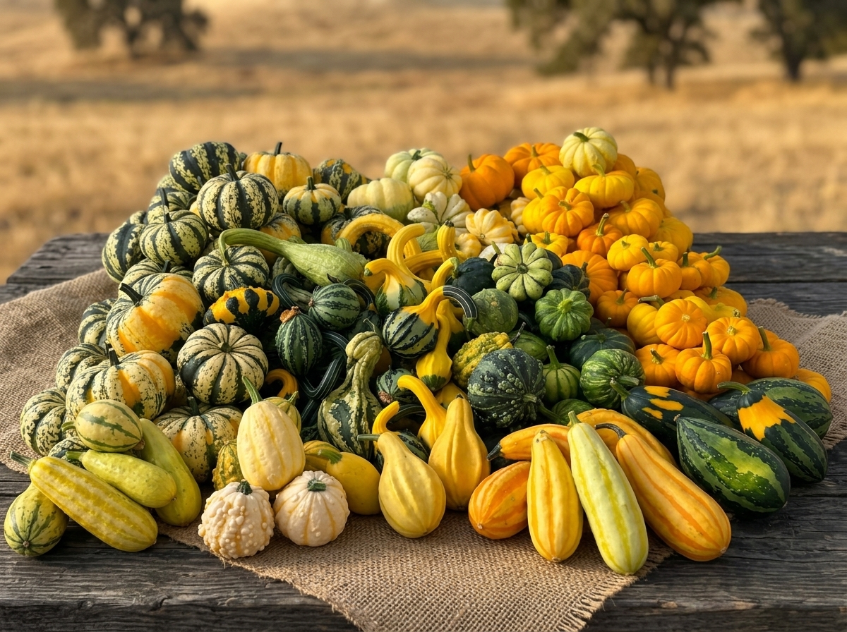 Colorful mix of ornamental gourds and mini accent pumpkins
