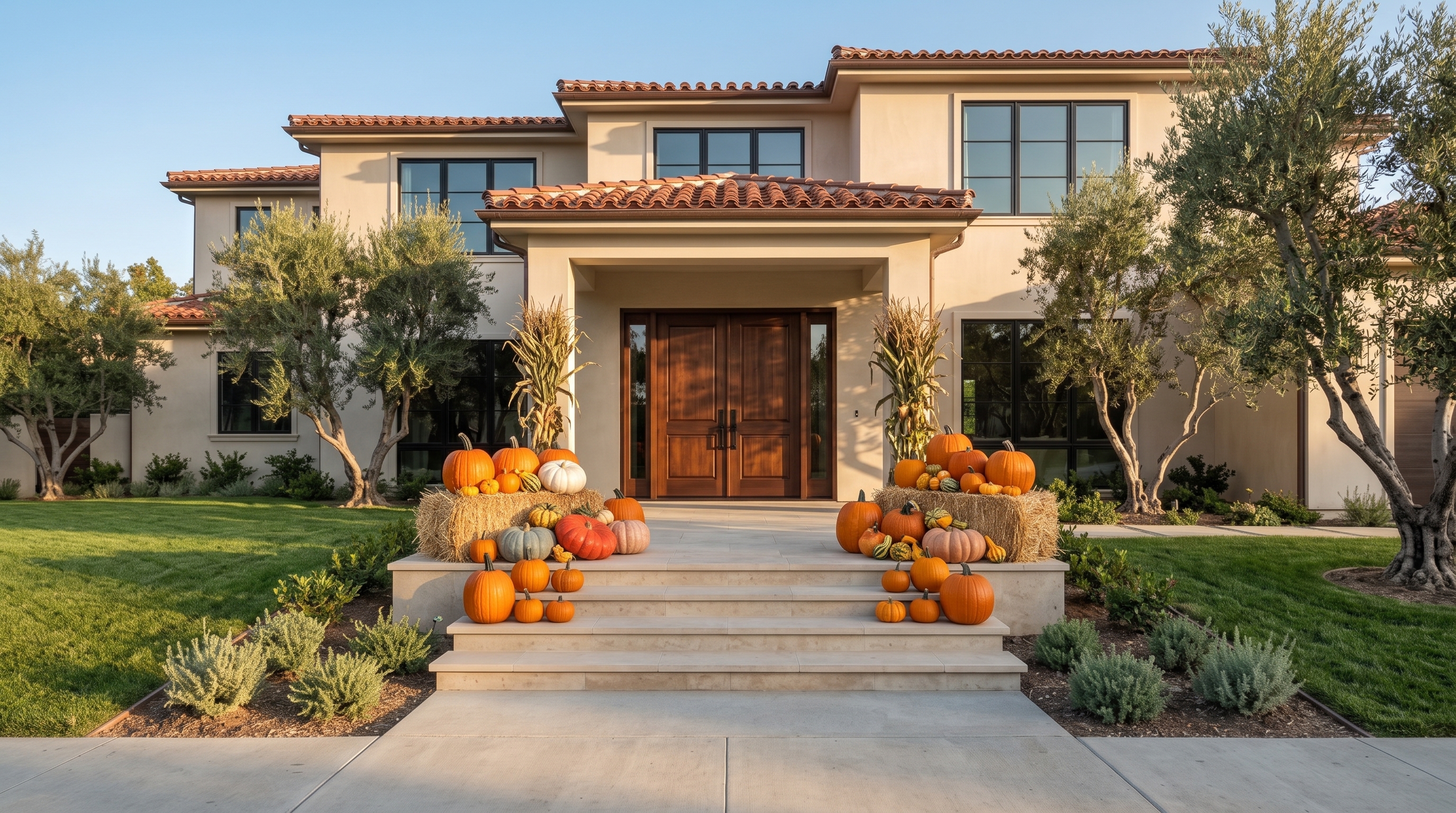 Grand Entrance fall display with pumpkins, corn stalks, and straw bales