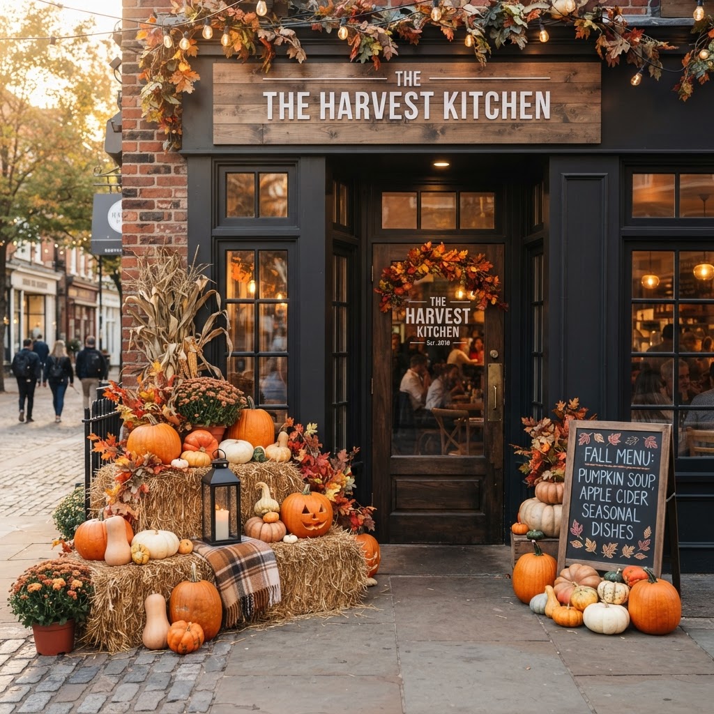 Restaurant storefront entrance with a fall display of pumpkins, gourds, and hay bales