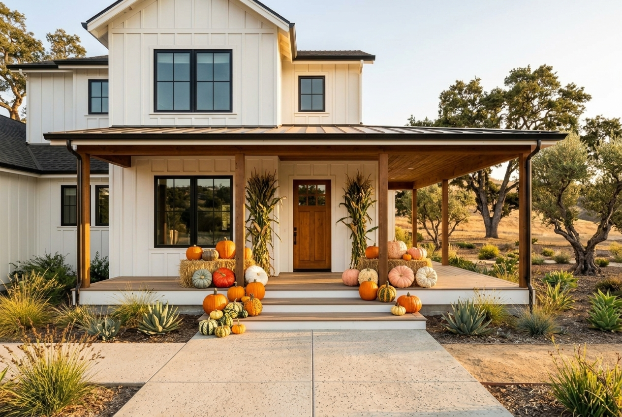 Classic Porch fall display of pumpkins, gourds, and straw bales