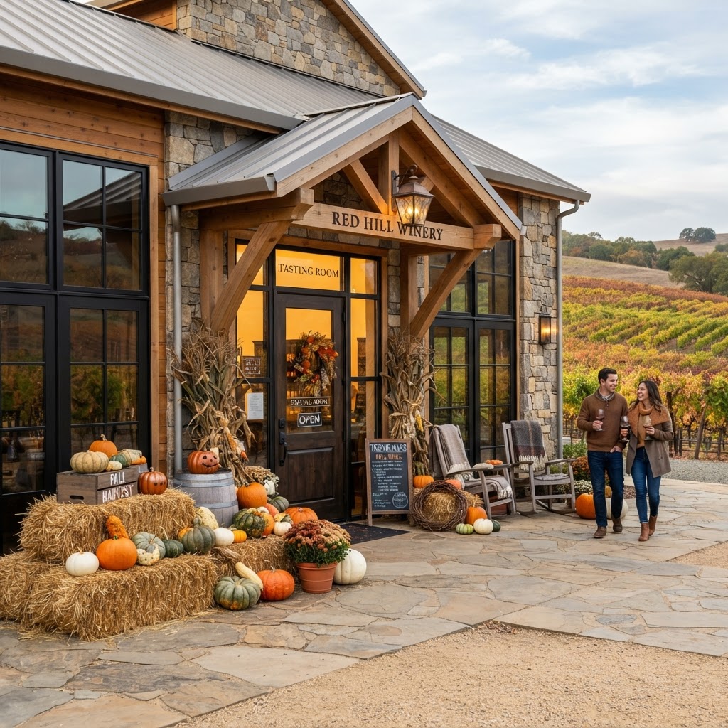 Winery tasting room entrance decorated with pumpkins, gourds, and hay bales