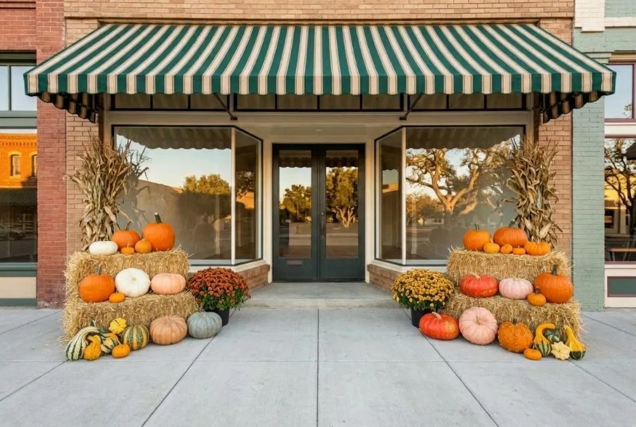 Main Street business display with a large pumpkin arrangement and straw bales