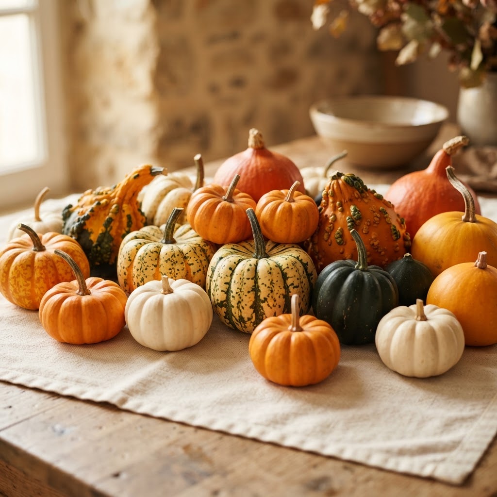 Close-up of mixed fall pumpkins and colorful gourds on a cream surface