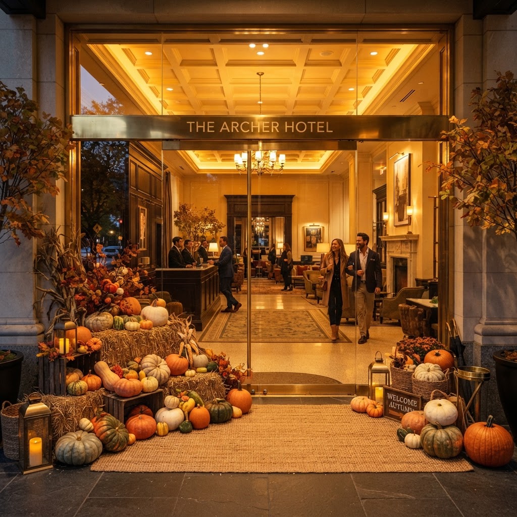 Hotel lobby entrance with an elegant fall display of pumpkins and hay bales