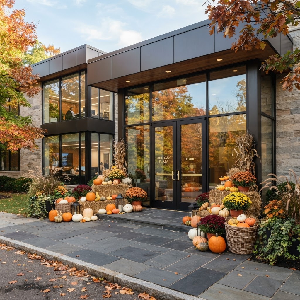Office building entrance decorated for autumn with pumpkins, gourds, and hay bales