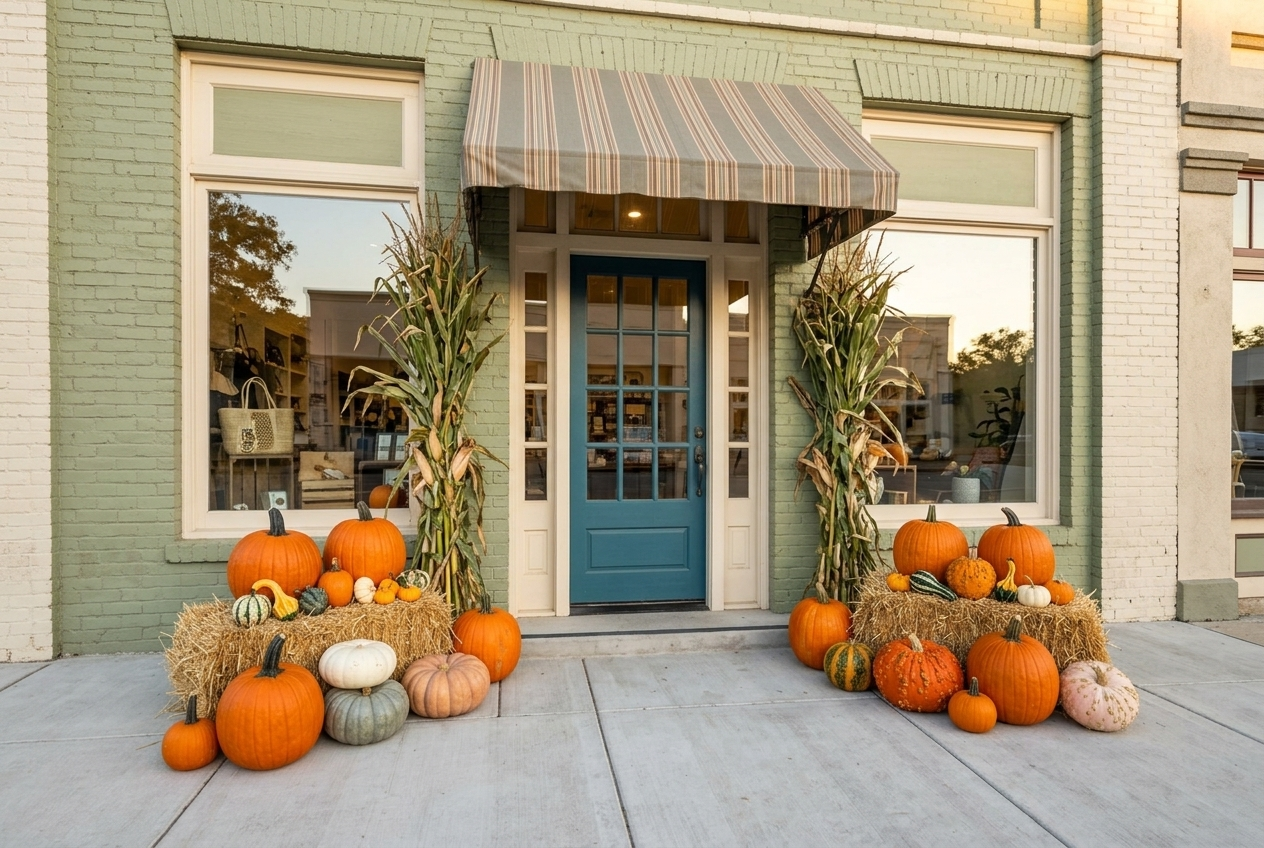 Storefront business entrance decorated with pumpkins and straw bales