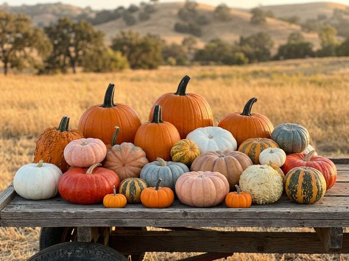 Locally grown Paso Robles pumpkins in classic orange, white, and specialty heirloom varieties