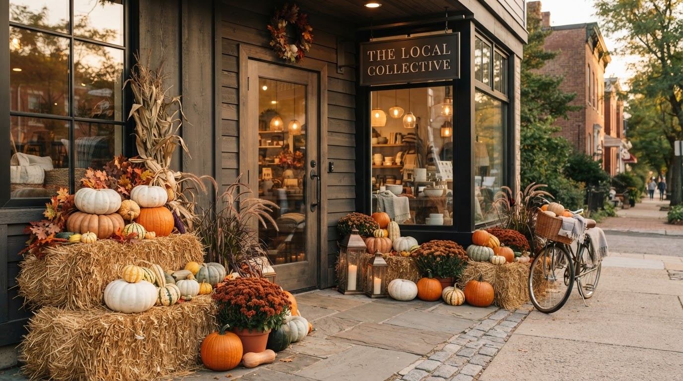 Fall display of pumpkins, gourds, and hay bales arranged at a charming storefront entrance
