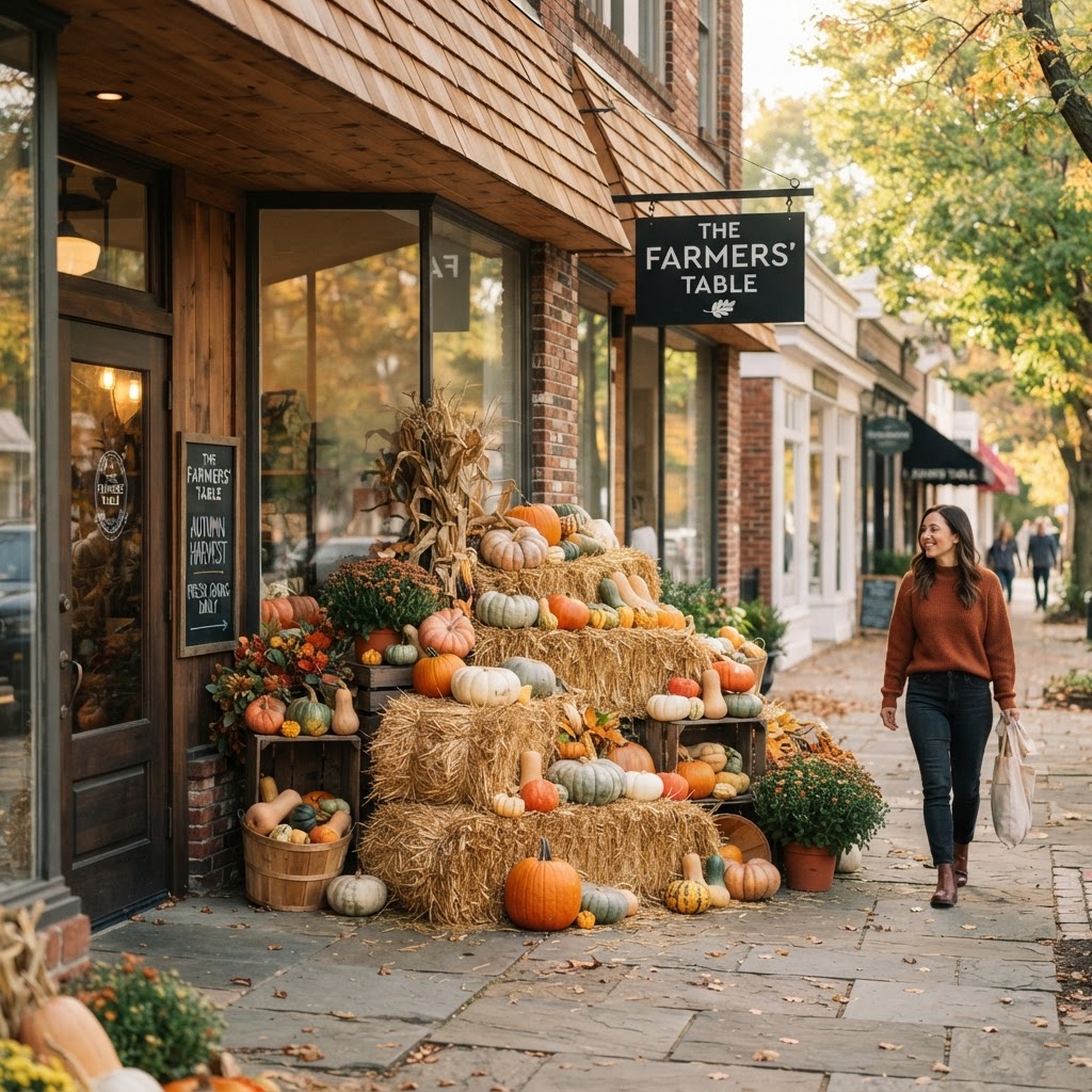 Golden hay bales stacked with pumpkins and gourds at a storefront