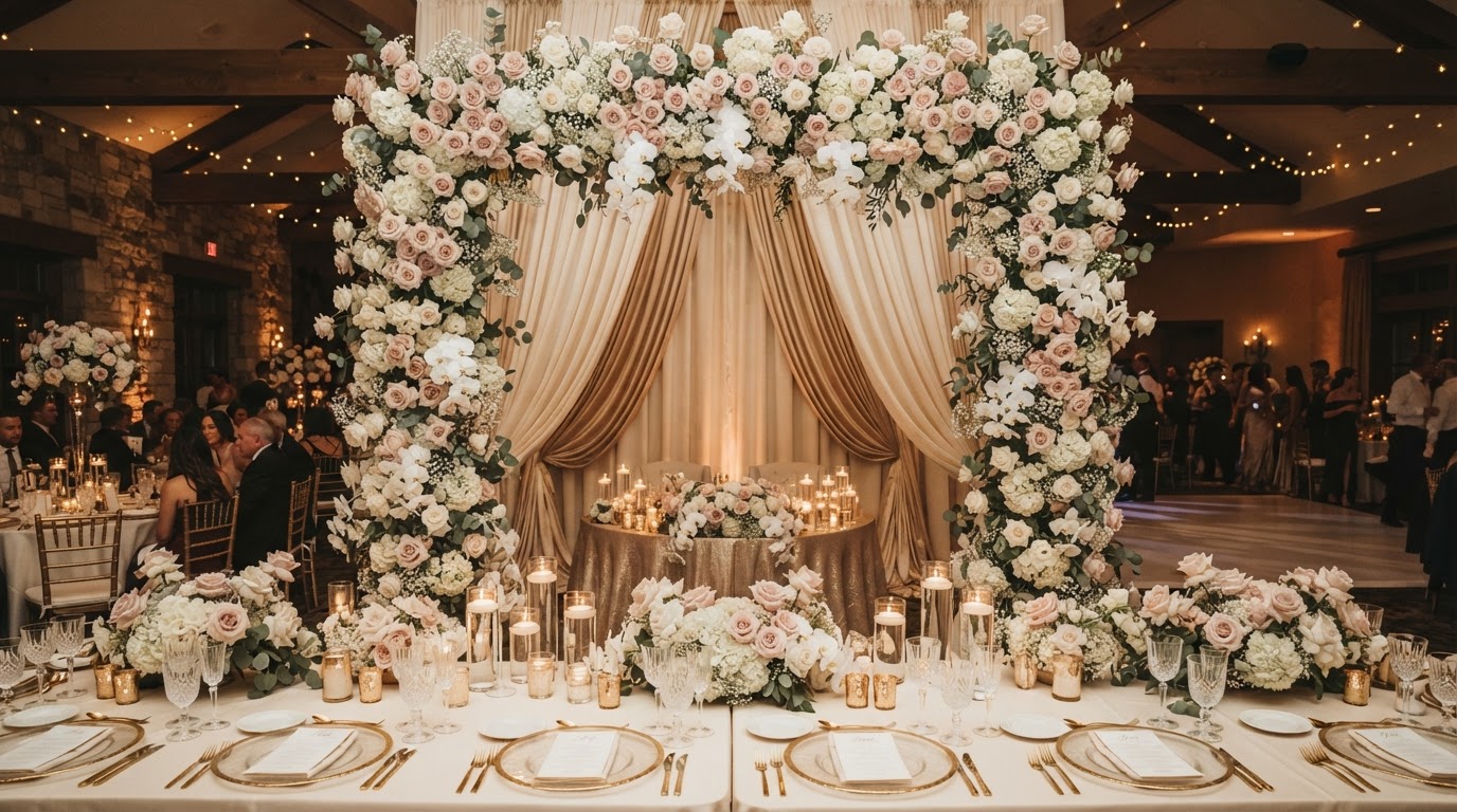 Luxury floral event setup with blush pink and white rose arch, hydrangeas and champagne gold tablescape