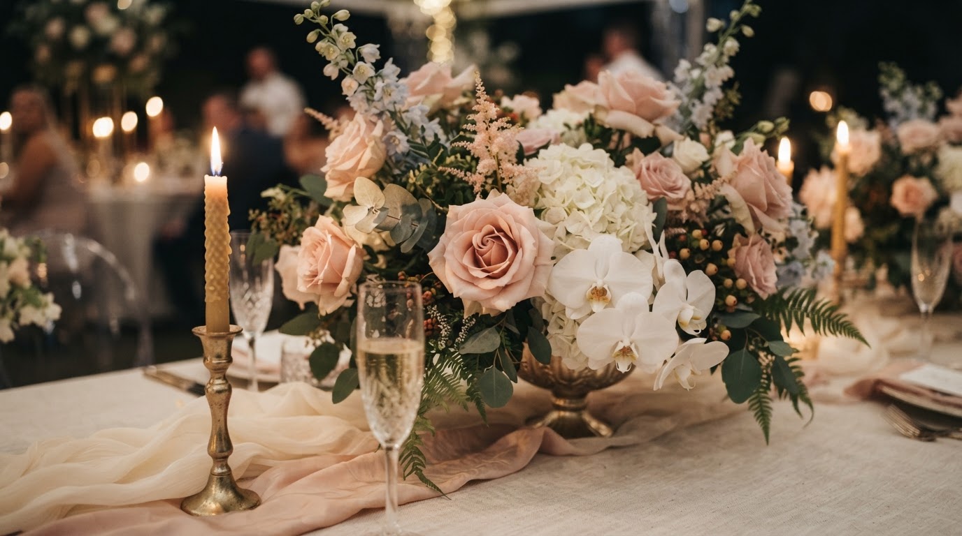 Dramatic close-up of luxury floral event details with blush roses, hydrangeas and champagne gold candleholders