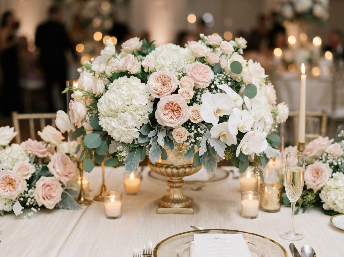 Close-up of elegant floral centerpiece with blush pink roses, hydrangeas and champagne gold pedestal