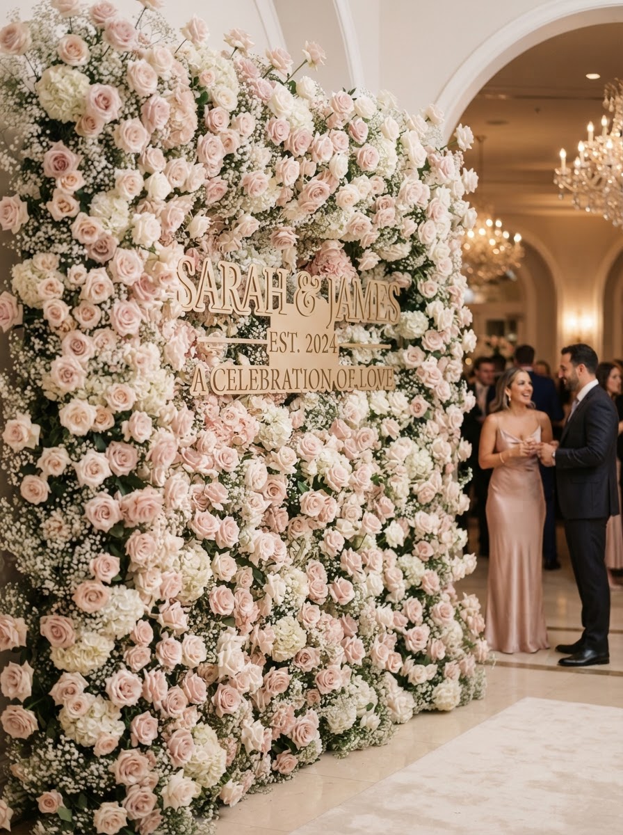 Vertical luxury floral backdrop wall of blush pink and white roses with champagne gold signage