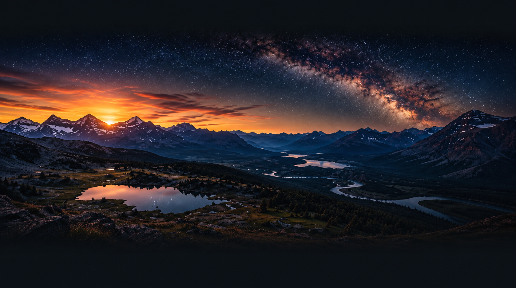 A vast cosmos and pristine wilderness at dawn — the wonder of creation