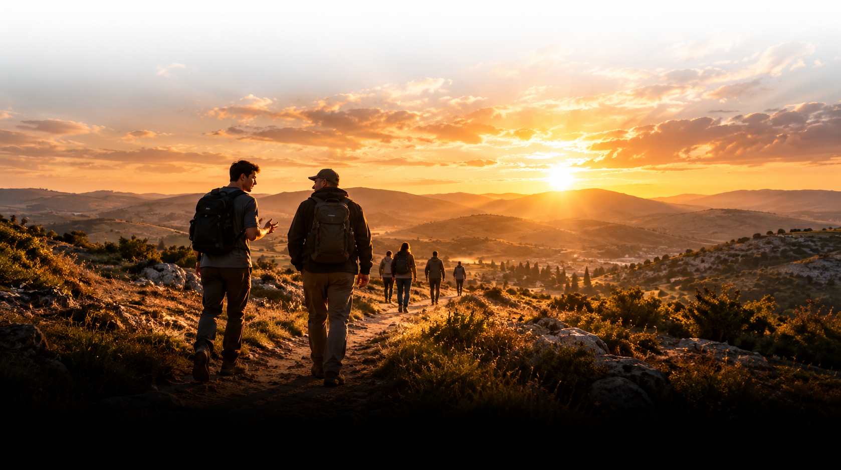 Two people walking together toward a sunrise — sharing the good news