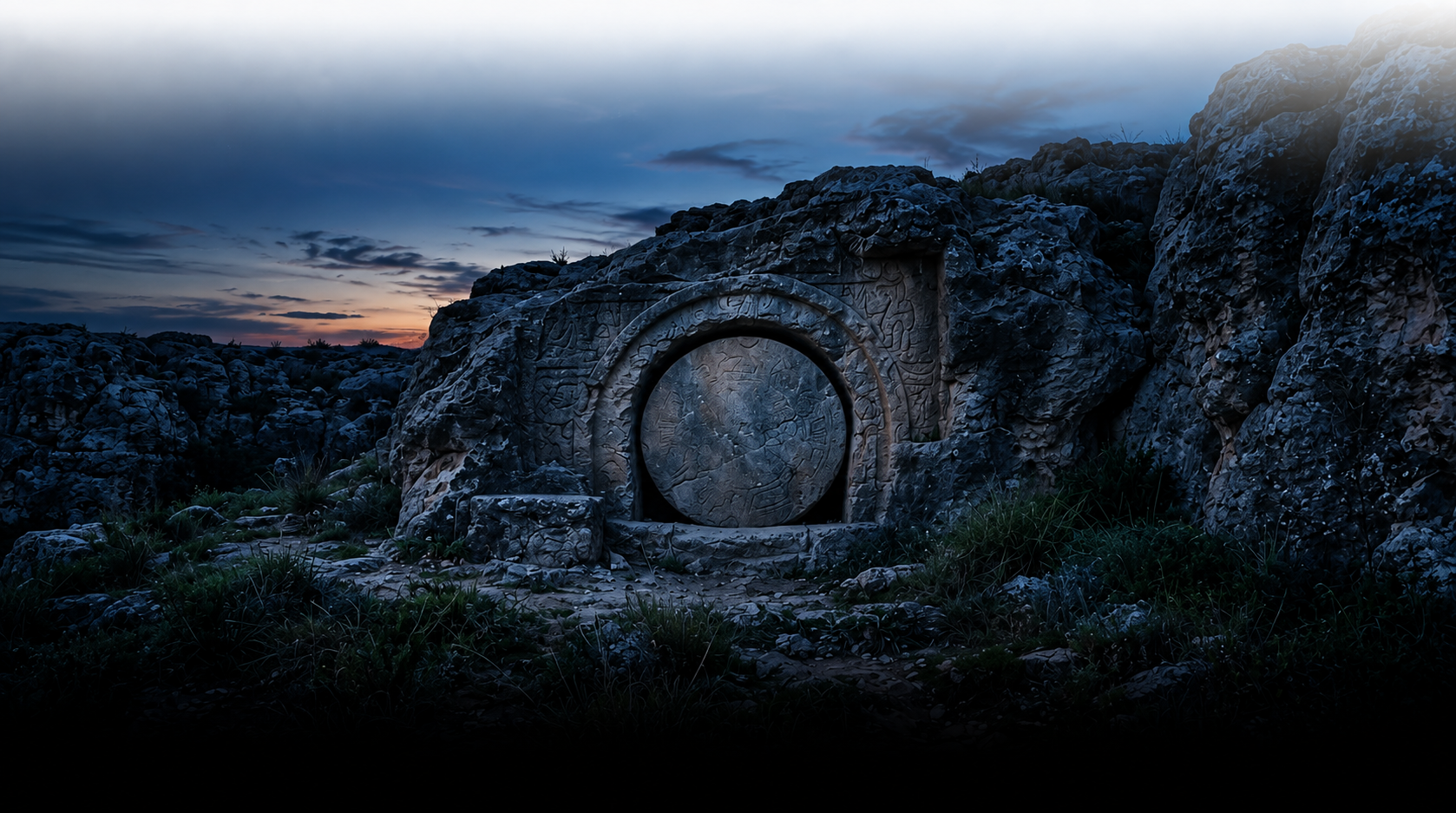 A sealed stone tomb at twilight — the burial of Jesus