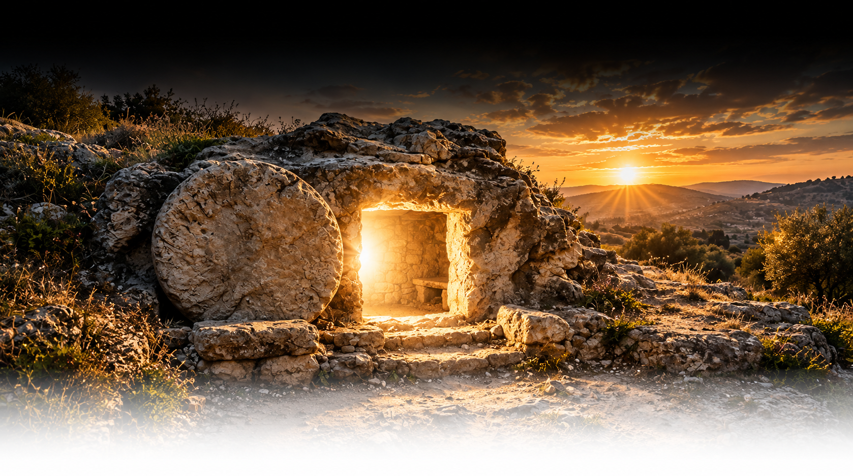 The empty tomb with the stone rolled away, radiant morning light flooding out