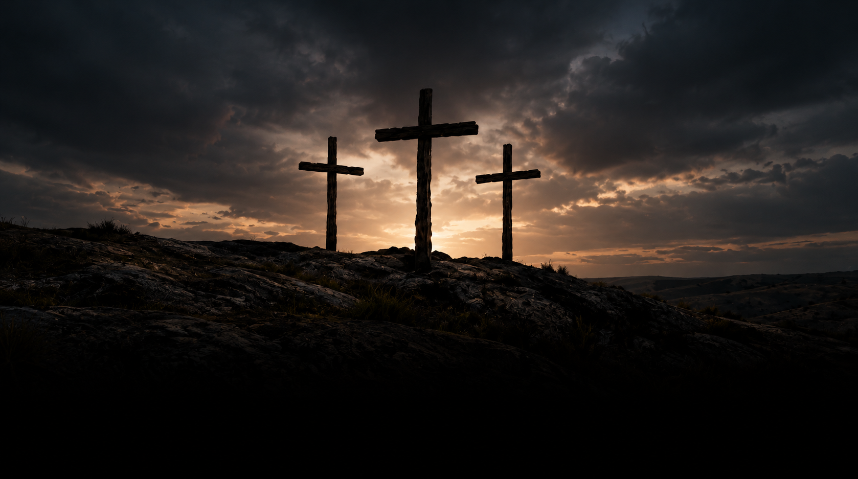 Three crosses silhouetted on a dark hill at dusk