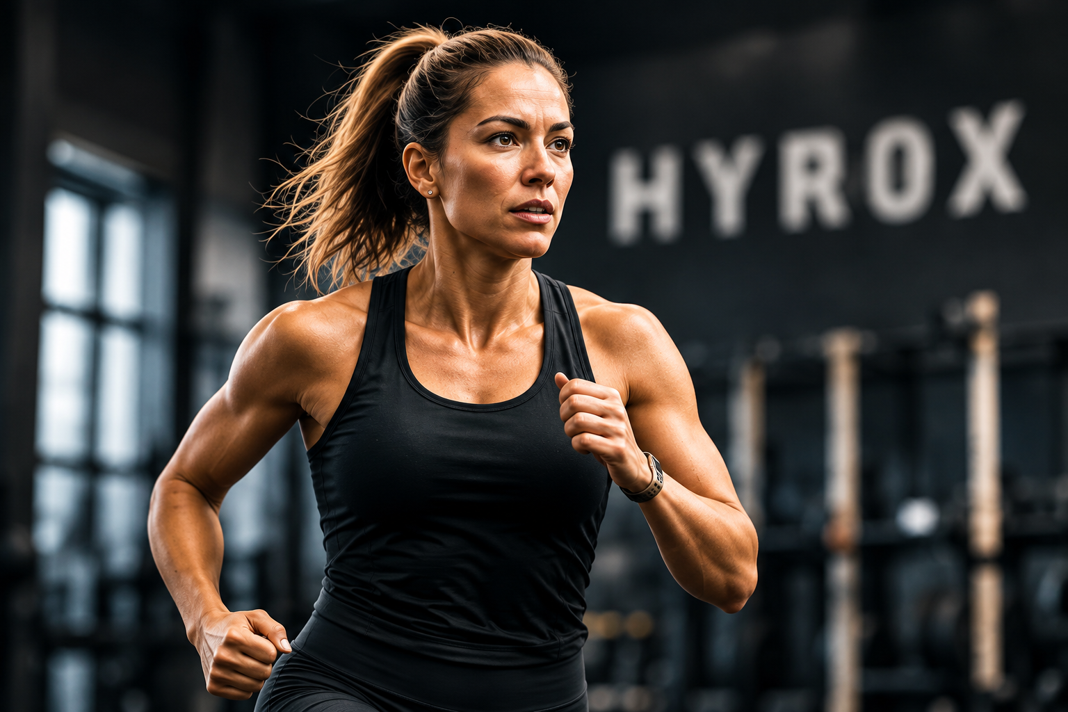 Female athlete running during HYROX conditioning training