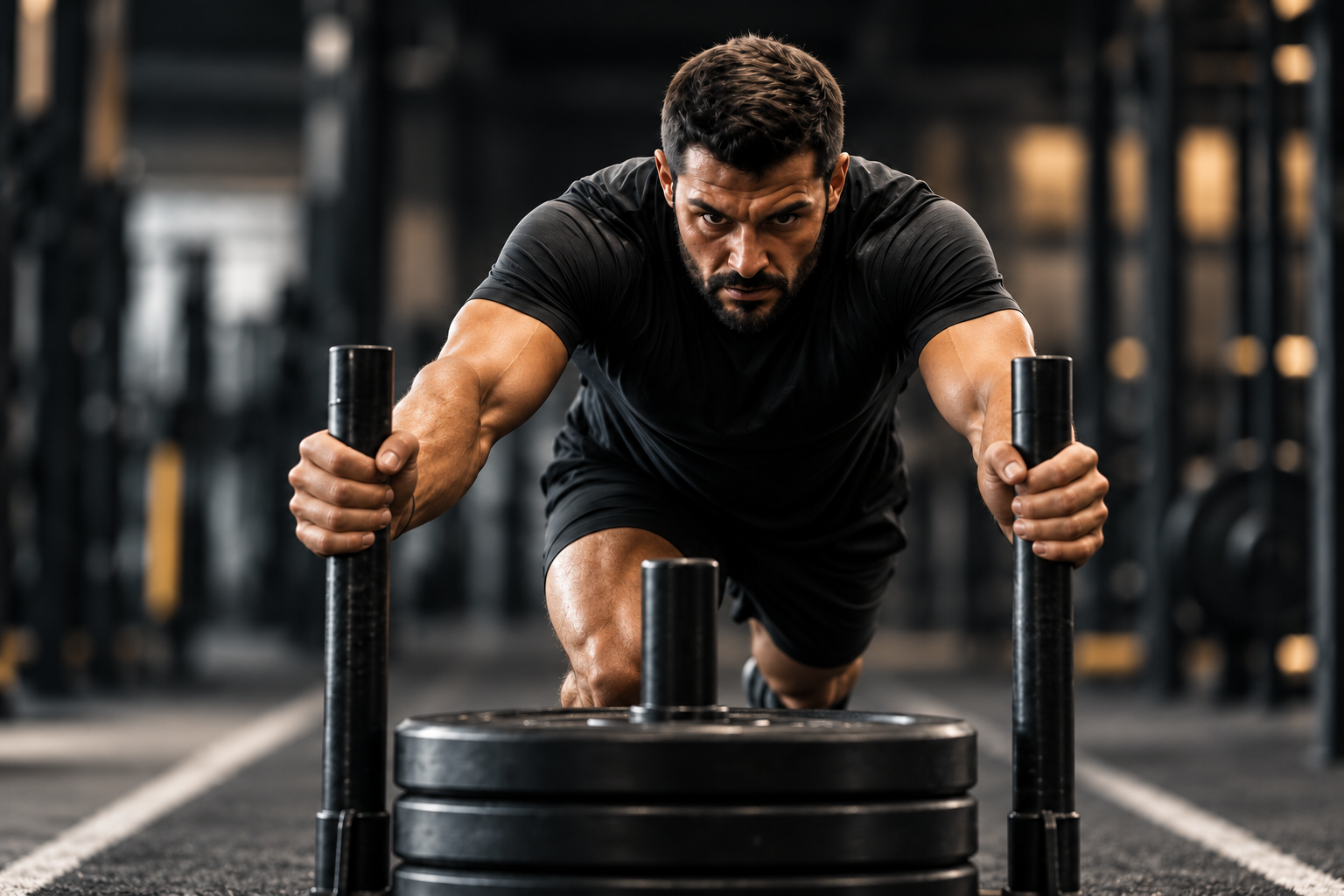 Male athlete pushing sled during dedicated HYROX training