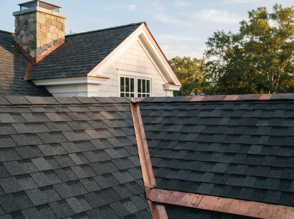 Finished slate roof with copper flashing on a Connecticut colonial