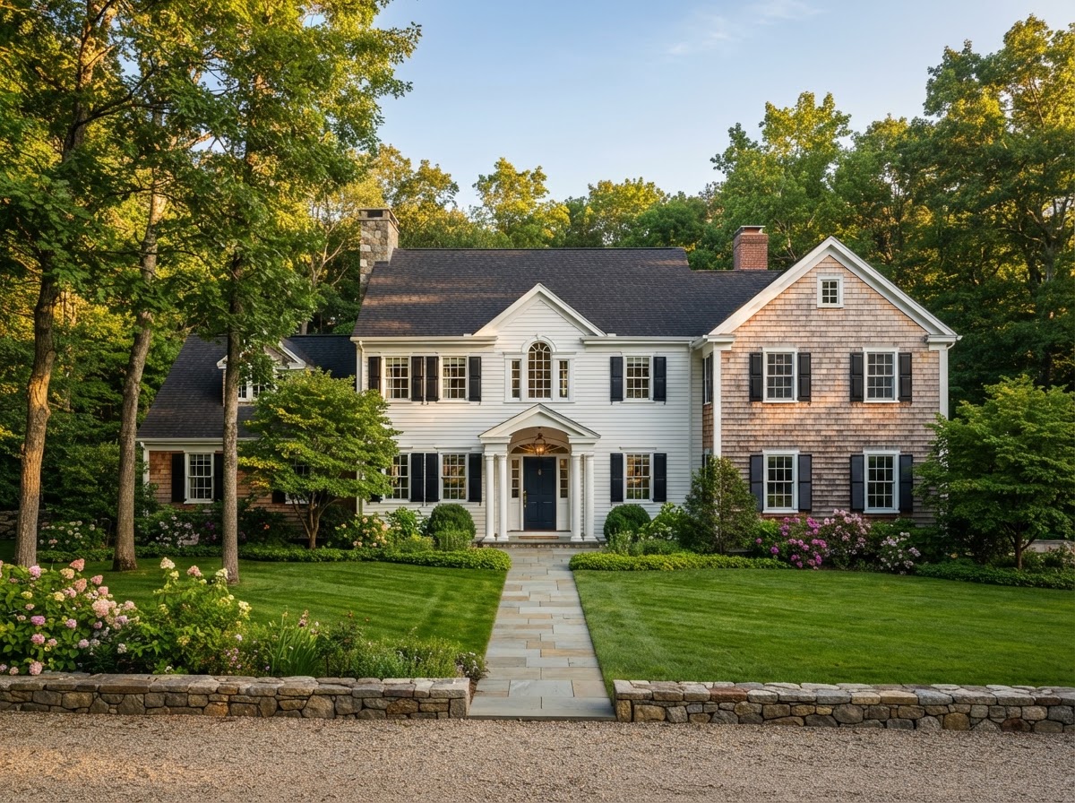 Cedar shake and clapboard siding on a Connecticut colonial home