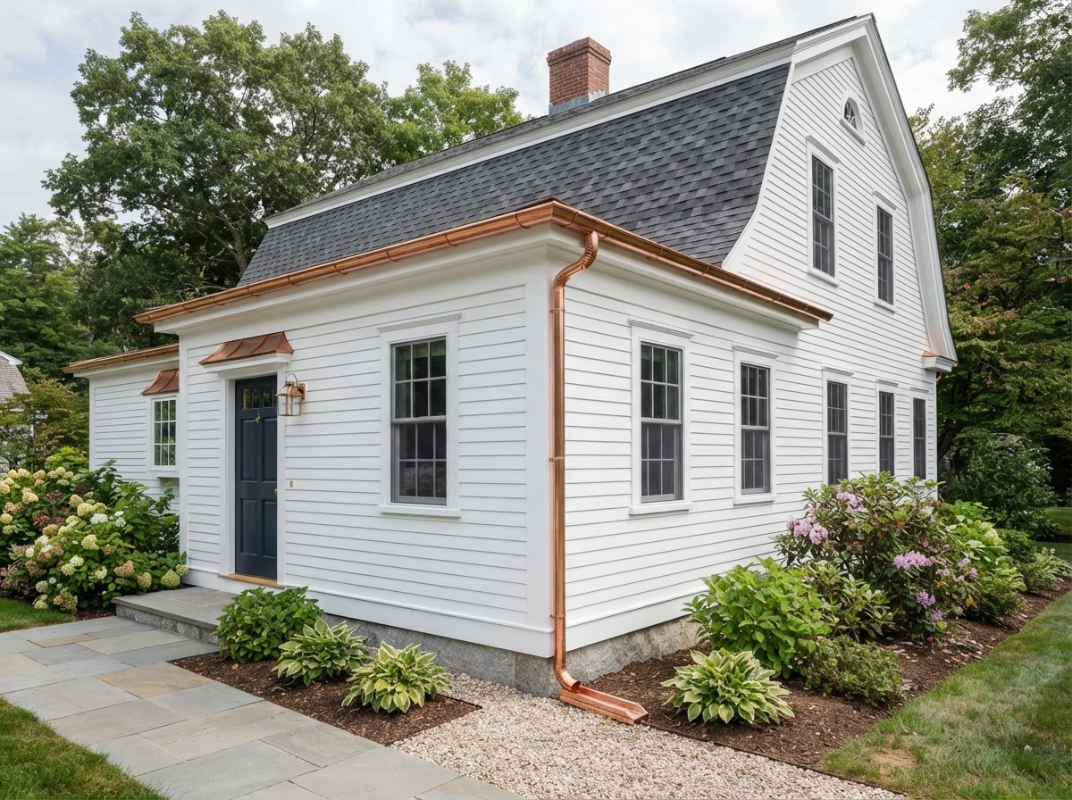 Seamless aluminum gutters and downspout on a New England colonial