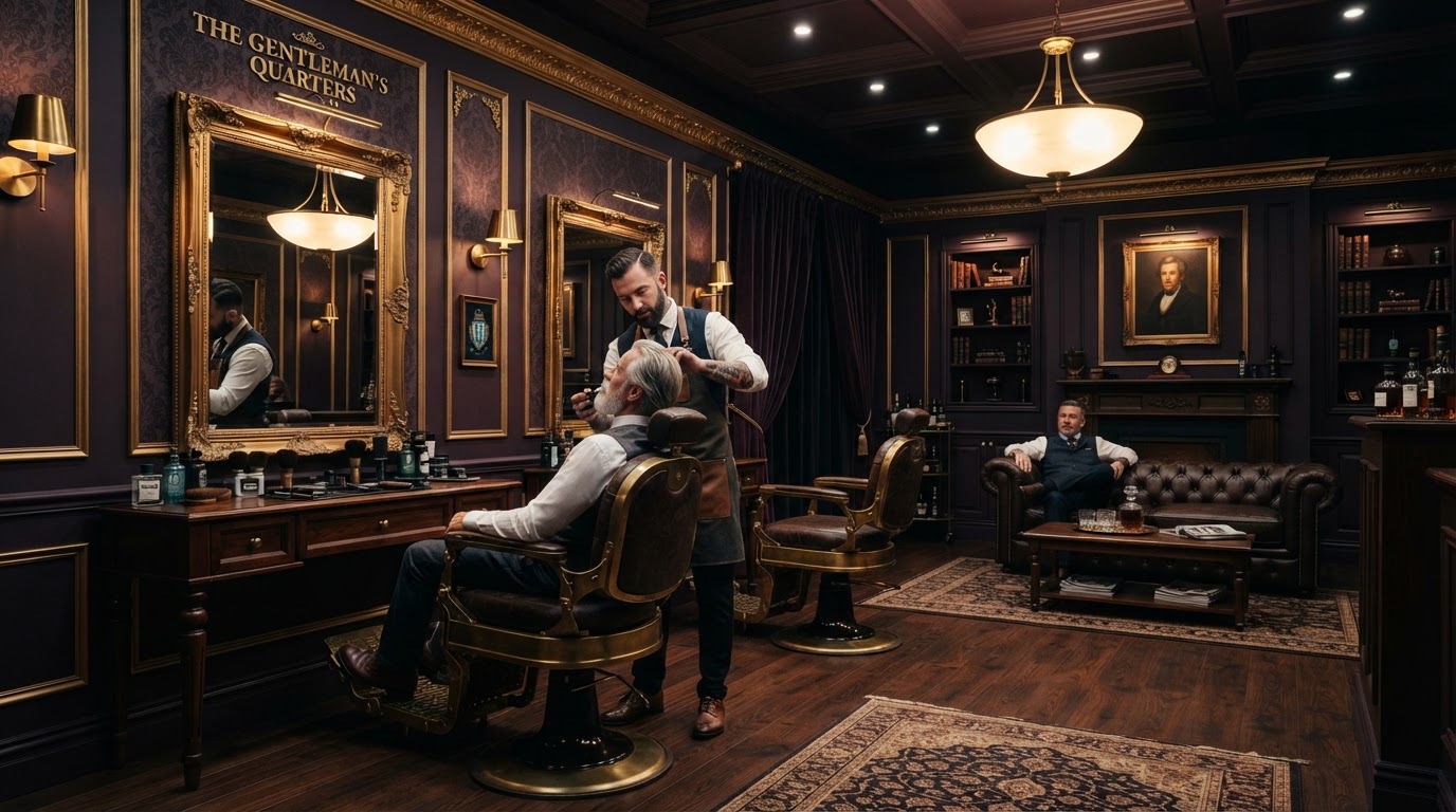 Interior of Kings & Queens Barber Lounge with purple walls and gold accents