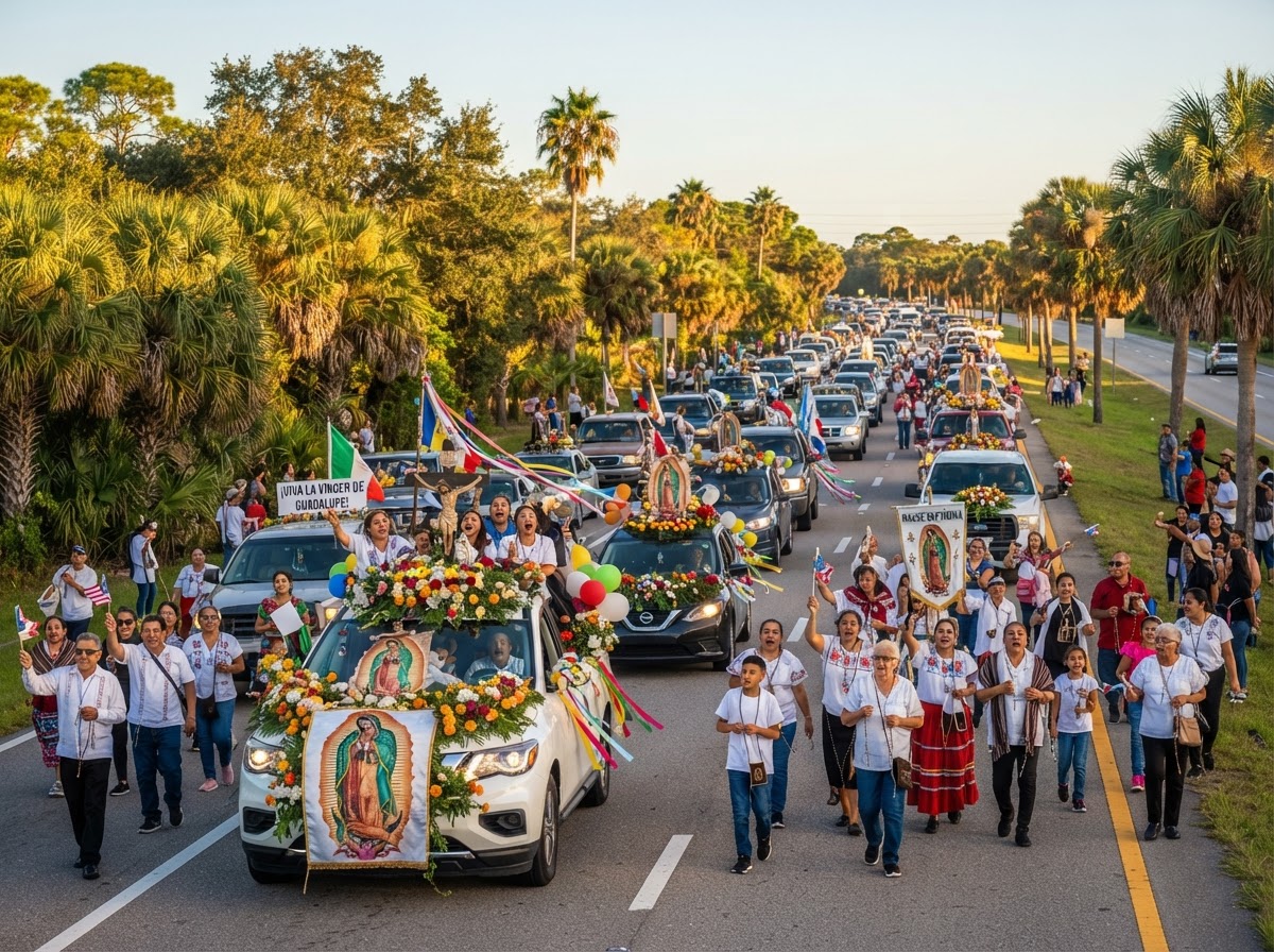 Caravana de vehículos decorados con la imagen de la Virgen de Guadalupe