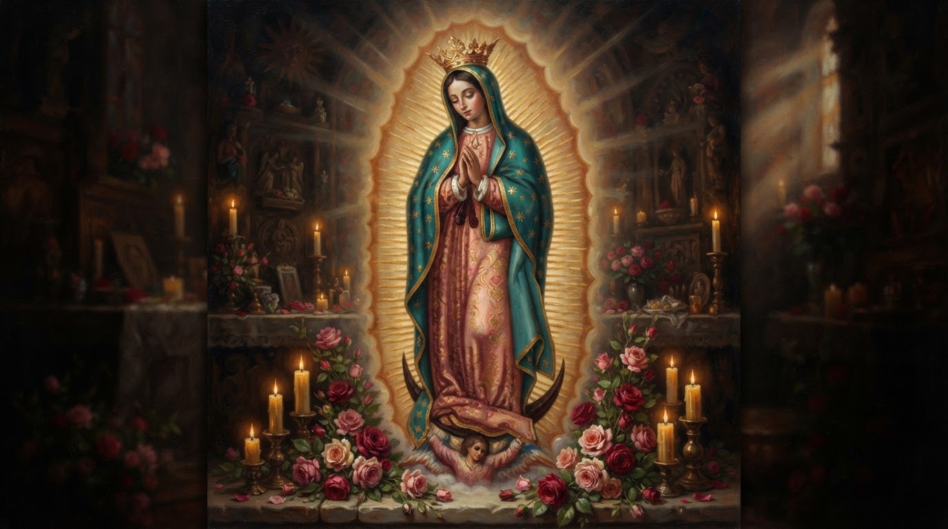 Nuestra Señora de Guadalupe rodeada de luz dorada y rosas