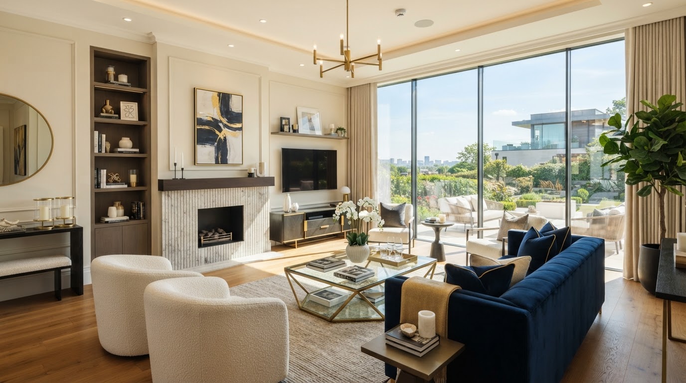 Beautifully staged modern living room with navy and gold accents